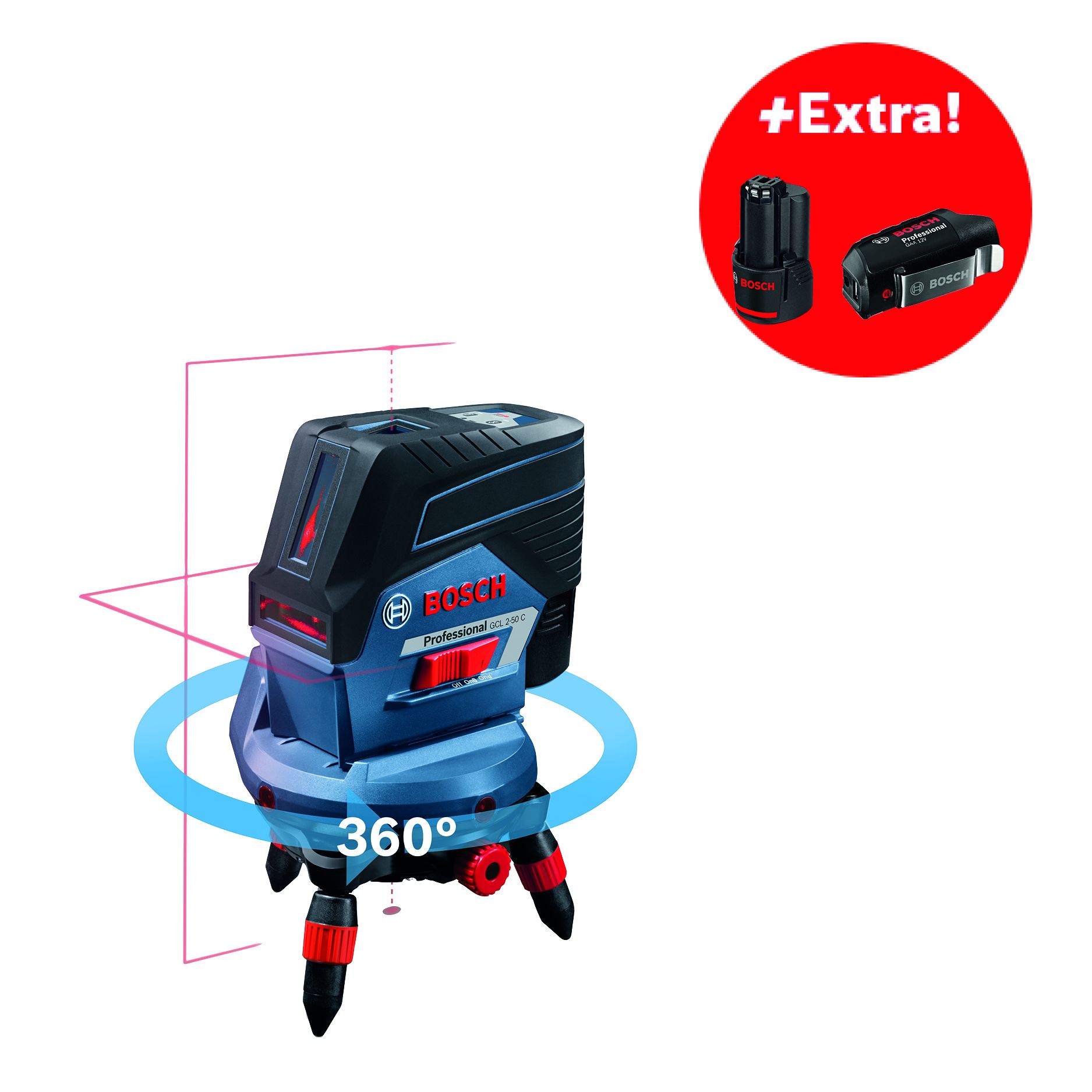 Křížový laser Bosch GCL 2-50 C Professional + 2x aku 2,0Ah + L-Boxx 238 + dálkové ovládání
