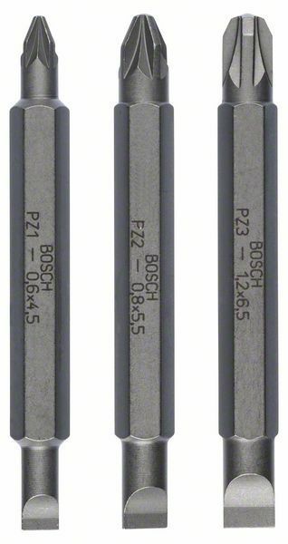 3dílná sada oboustranných šroubovacích bitů - S 1,2x6,5, S 0,6x4,5, S 0,8x5,5; PZ1, PZ2, P BOSCH