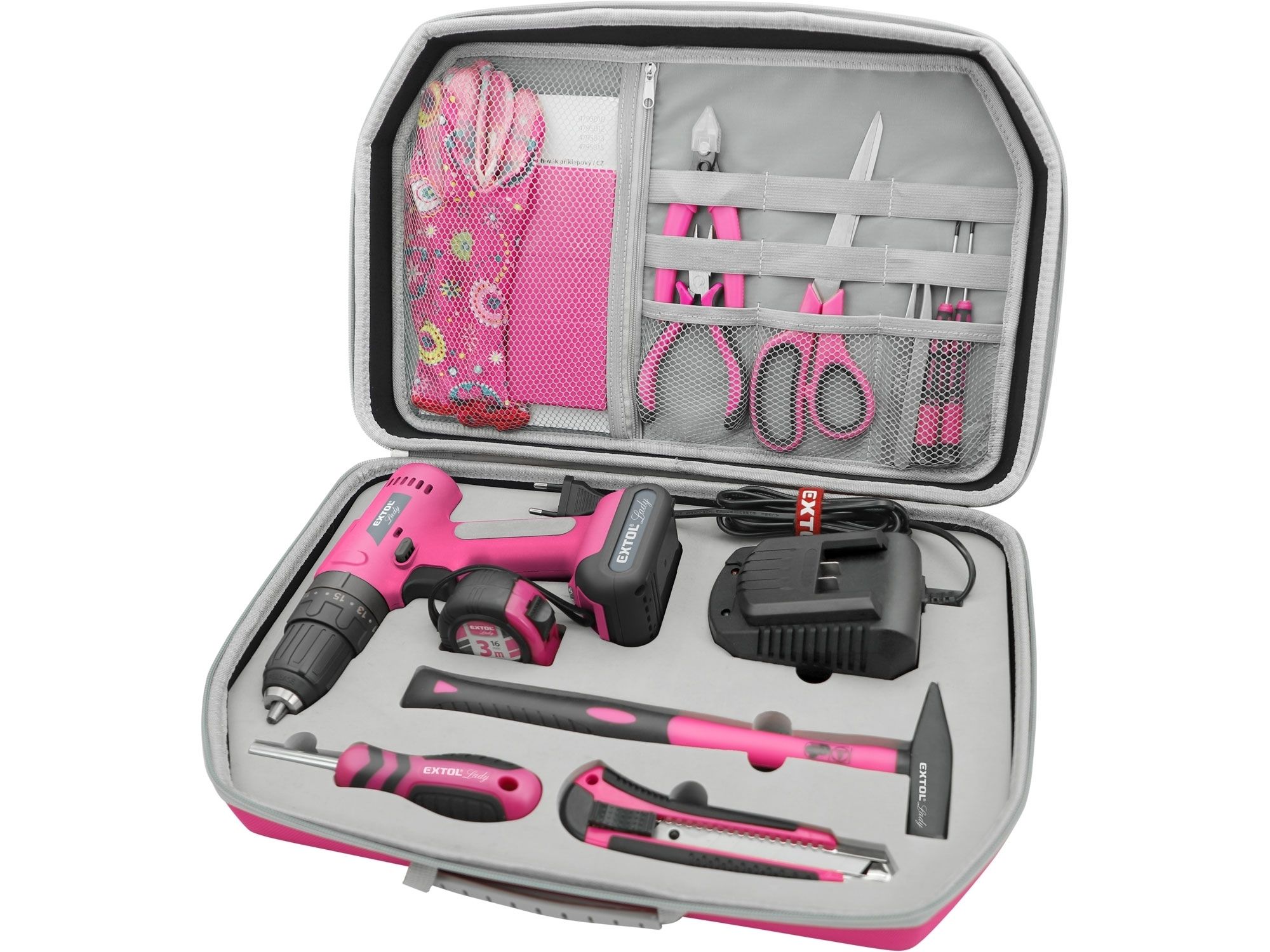 Vrtací šroubovák aku s příklepem, růžový, 12V Li-ion, 2000mAh, v kufru s nářadím, sada 27k EXTOL-LADY