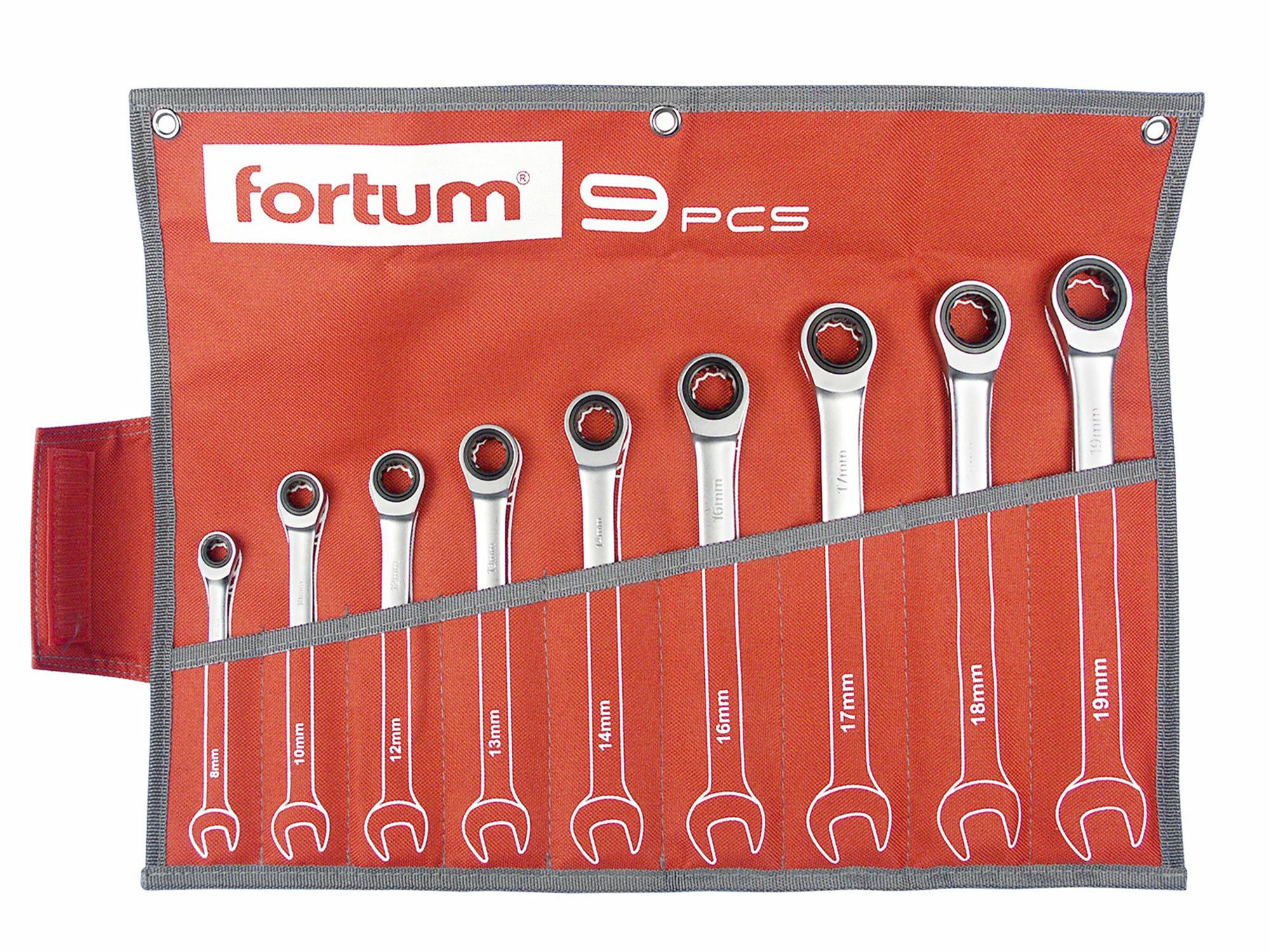 Klíče ráčnové očkoploché, sada 9ks, 8-10-12-13-14-16-17-18-19mm, CrV/S2, FORTUM