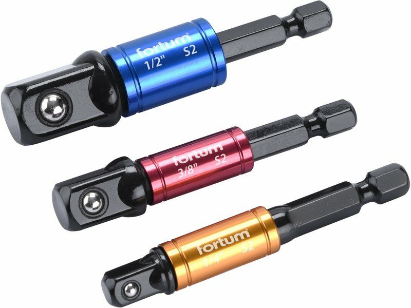 Adaptéry do vrtačky s otoč.úchytem 3ks, 1/4"-3/8"-1/2", S2 FORTUM