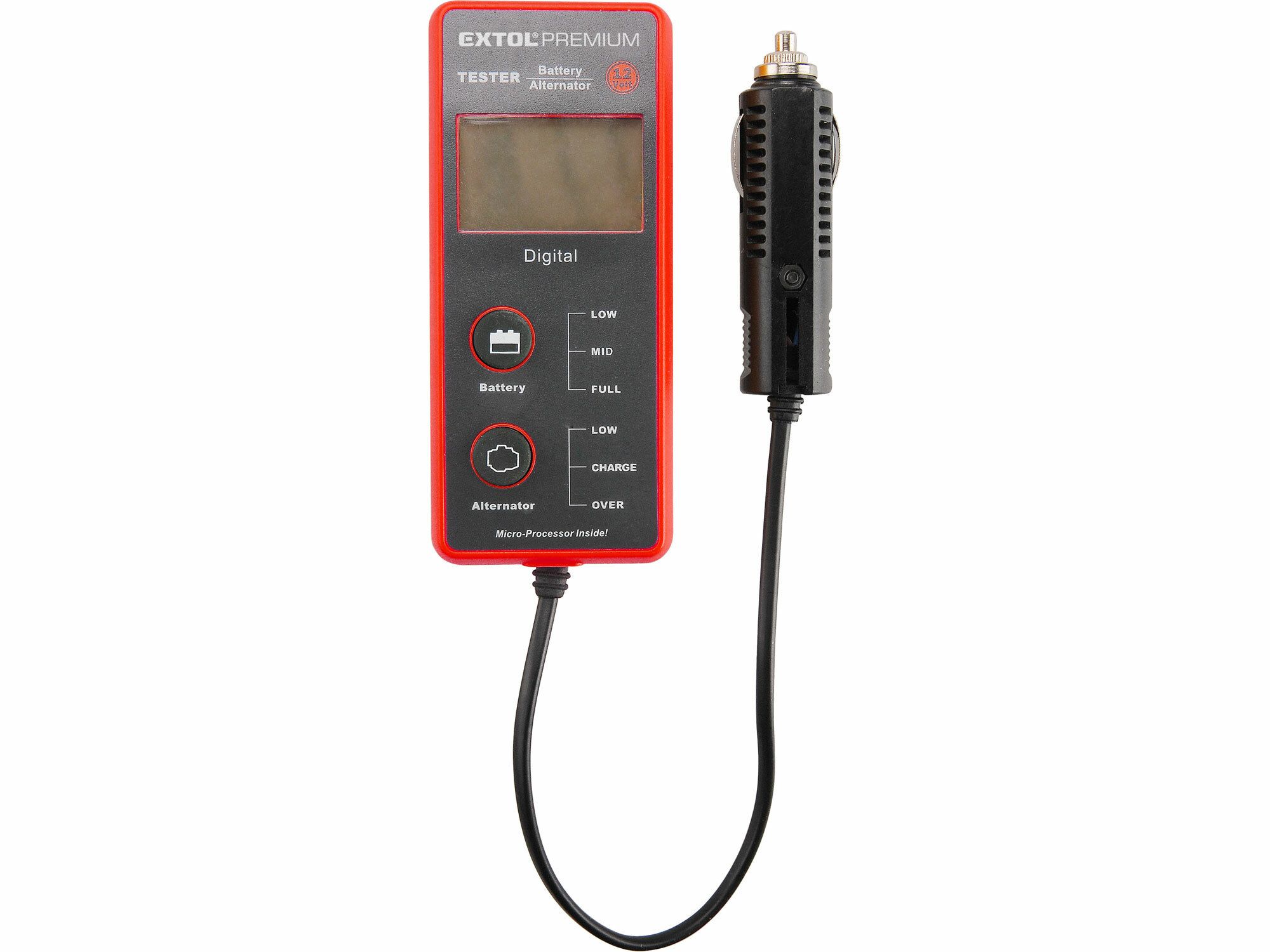 Tester autobaterie a alternatoru, digitální, LCD displej s podsvícením, EXTOL PREMIUM