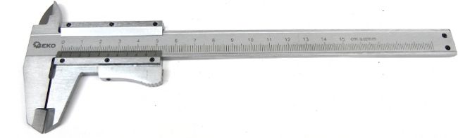 Měřítko posuvné kovové, 0-150mm x 0,02, dřevěná krabička, GEKO
