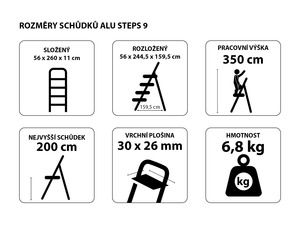 Schůdky hliníkové skládací ALU STEPS 9, 9 stupňů, nejvyšší schůdek 200 cm, nosnost 120 kg SIXTOL
