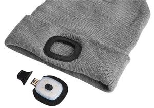 Čepice s čelovkou 180lm, nabíjecí, USB, univerzální velikost, bavlna/PE, světle šedá SIXTOL