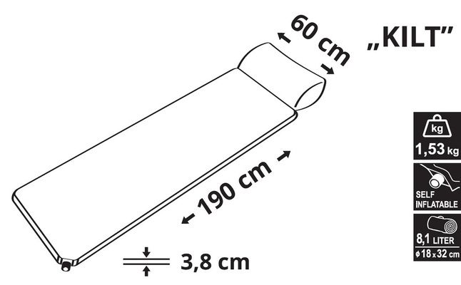 Karimatka samonafukovací 190x60x3,8cm s polštářem KILT CATTARA