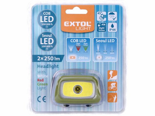 Čelovka 250lm+250lm, 250lm Seoul LED, 250lm COB LED, červené/zelené světlo pro noční viděn EXTOL-LIGHT