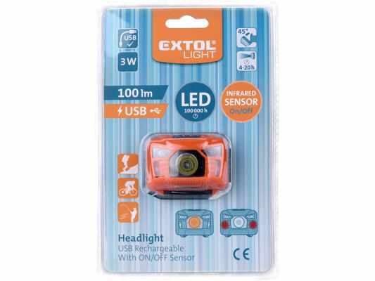 Čelovka 100lm, nabíjecí, USB, 3W LED EXTOL-LIGHT