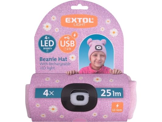 Čepice s čelovkou 4x45lm, nabíjecí, USB, růžová s bambulemi, dětská EXTOL-LIGHT