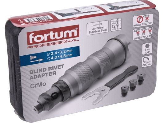 Nástavec nýtovací na vrtačku, pro trhací nýty 2,4-4,8mm, CrMo FORTUM