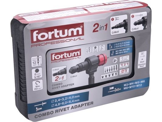 Nástavec nýtovací na vrtačku T-COMBO, sada pro matice M3-M12 i trh. nýty 2,4-6,4mm, CrMoV FORTUM