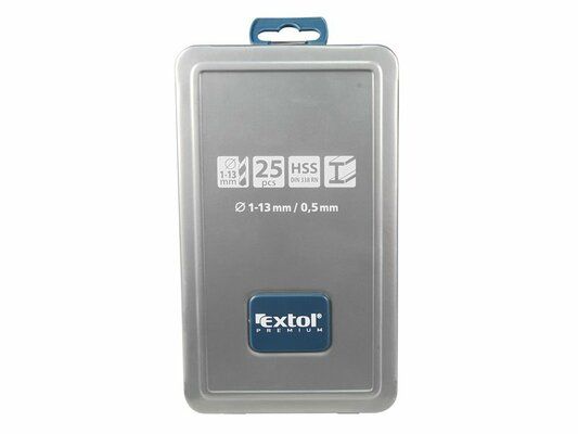 Vrtáky do kovu v kovové krabičce, sada 25ks, Ř1-13mm, po 0,5mm, HSS EXTOL-PREMIUM