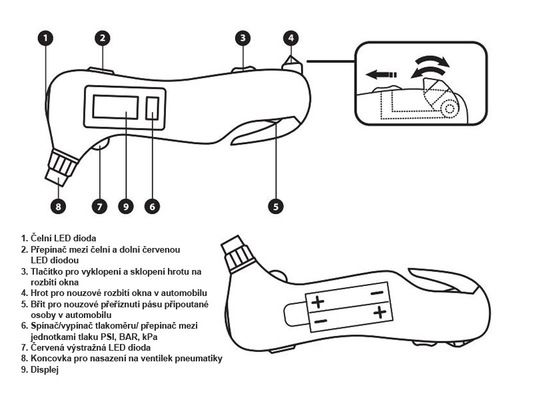 Měřič tlaku pneumatik digitální EMERGENCY 5 v 1, 5 funkcí EXTOL-PREMIUM