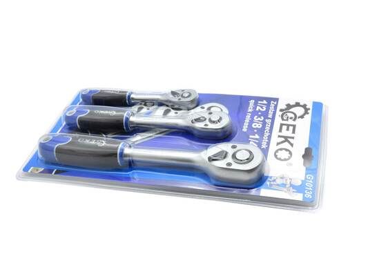 Ráčna 1/2", 3/8", 1/4", sada 3ks GEKO