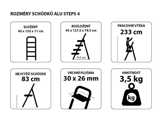 Schůdky hliníkové skládací ALU STEPS 4, 4 stupně, nejvyšší schůdek 83 cm, nosnost 120 kg SIXTOL