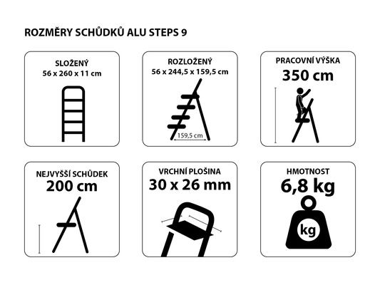 Schůdky hliníkové skládací ALU STEPS 9, 9 stupňů, nejvyšší schůdek 200 cm, nosnost 120 kg SIXTOL