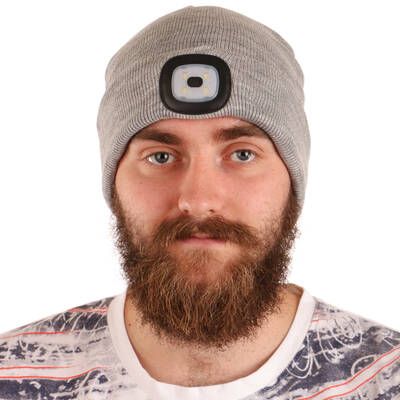 Čepice s čelovkou 180lm, nabíjecí, USB, univerzální velikost, bavlna/PE, světle šedá SIXTOL
