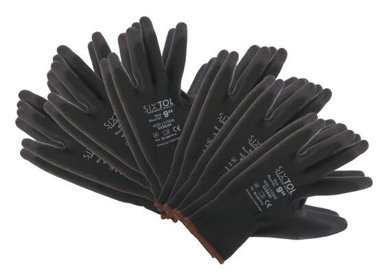 Rukavice pracovní z polyesteru polomáčené v PU GLOVE PE-PU 9, černé, vel 9", 6 párů SIXTOL