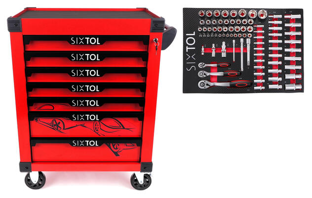 Dílenský vozík na nářadí MECHANIC TROLLEY KEVIN RED 80, 7 šuplíků, 80 ks nářadí SIXTOL