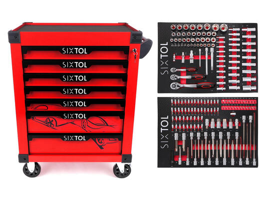 Dílenský vozík na nářadí MECHANIC TROLLEY KEVIN RED 182, 7 šuplíků, 182 ks nářadí SIXTOL