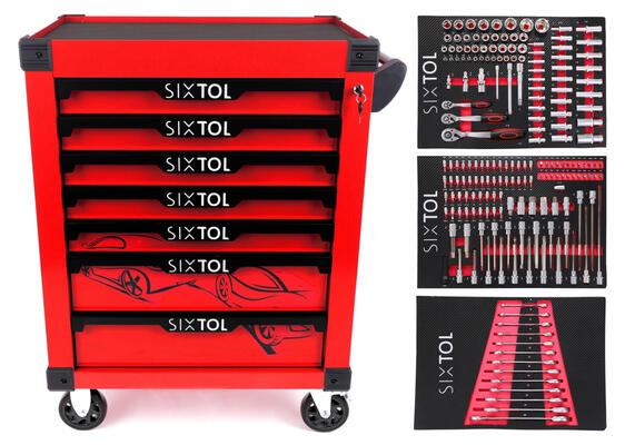 Dílenský vozík na nářadí MECHANIC TROLLEY KEVIN RED 195, 7 šuplíků, 195 ks nářadí SIXTOL