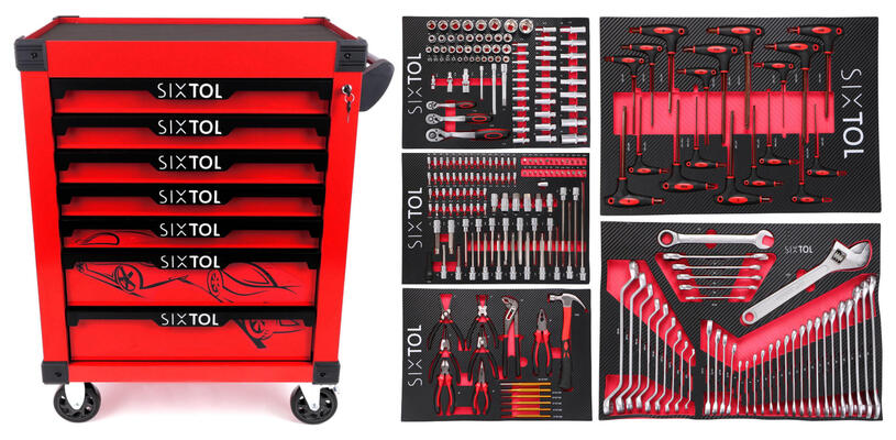 Dílenský vozík na nářadí MECHANIC TROLLEY KEVIN RED 253, 7 šuplíků, 253 ks nářadí SIXTOL