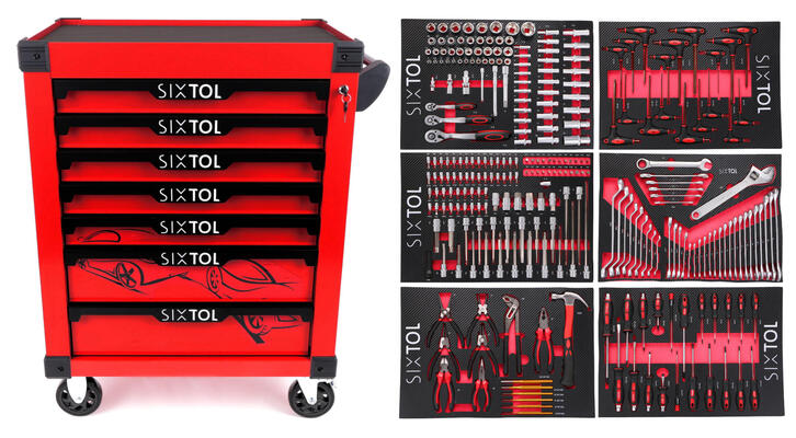 Dílenský vozík na nářadí MECHANIC TROLLEY KEVIN RED 274, 7 šuplíků, 274 ks nářadí SIXTOL