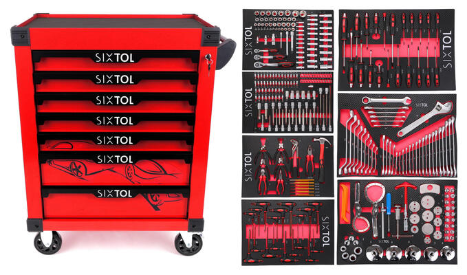 Dílenský vozík na nářadí MECHANIC TROLLEY KEVIN RED 326, 7 šuplíků, 326 ks nářadí SIXTOL