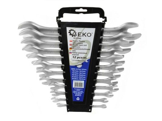 Klíče ploché saténové, sada 12ks, 6-32mm, plast. držák GEKO