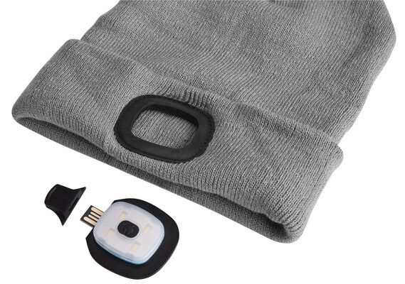 Čepice s čelovkou 180lm, nabíjecí, USB, univerzální velikost, bavlna/PE, světle šedá SIXTOL