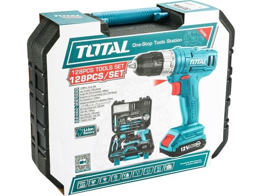 Vrtací šroubovák AKU 12V Li-ion s nářadím, sada 128ks TOTAL-TOOLS