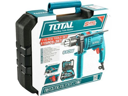 Vrtačka s příklepem a nářadím, 680W, 115ks TOTAL-TOOLS
