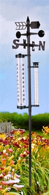 Zahradní analogový teploměr, srážkoměr a ukazatel směru větru